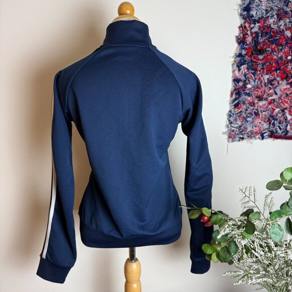 Navy blue floral zip up track jacket with red and white striped sleeves - Picture 4 of 8